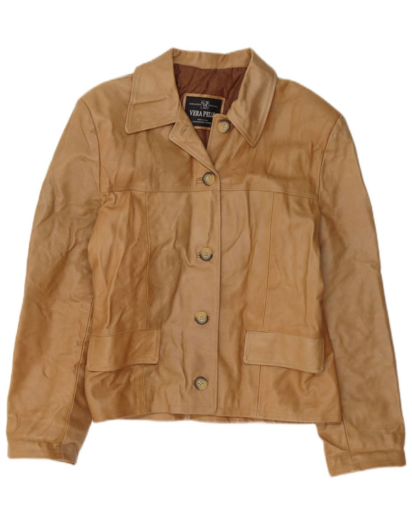 vintage Femme 5 Boutons Veste Blazer En Cuir IT 46 Grand Marron