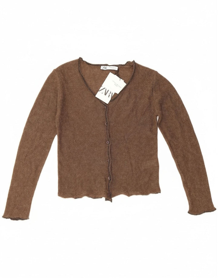 Zara Femmes Crop Cardigan Pull UK 6 XS Marron Polyamide