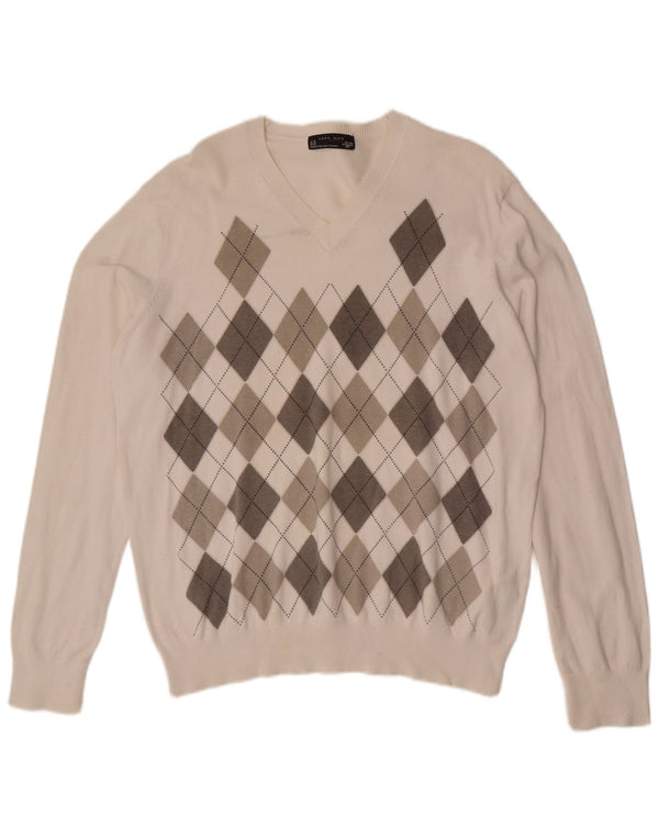 Zara Pull Col V Homme XL Coton Argyle/Diamant Blanc