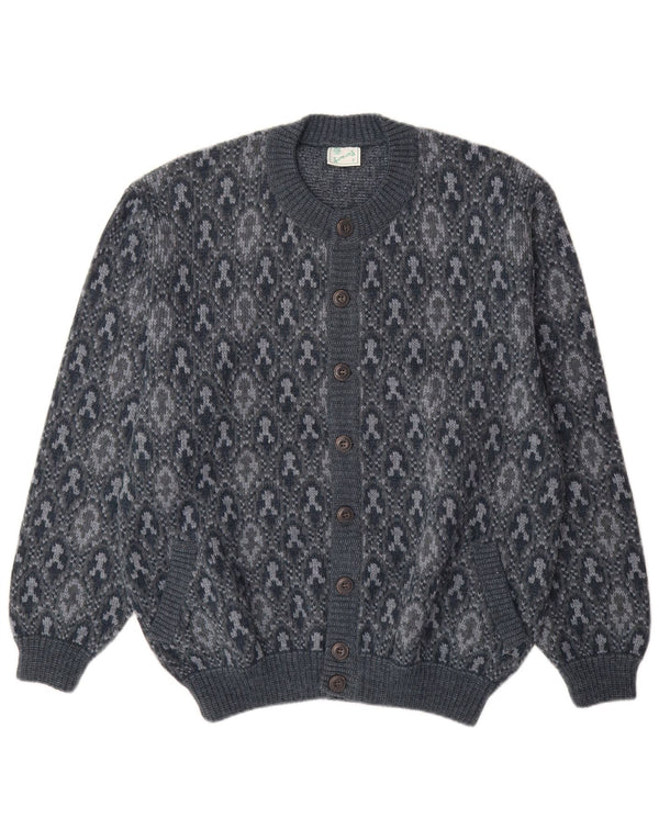 vintage Mens Cardigan Sweater XL Bleu Géométrique Acrylique