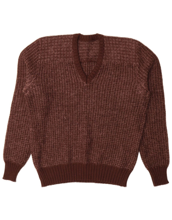 vintage Femme V-Col Jumper Pull IT 52 2XL Marron Géométrique Vierge Laine