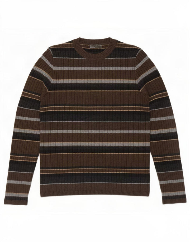 Zara Pull à col rond pour homme en laine rayée marron