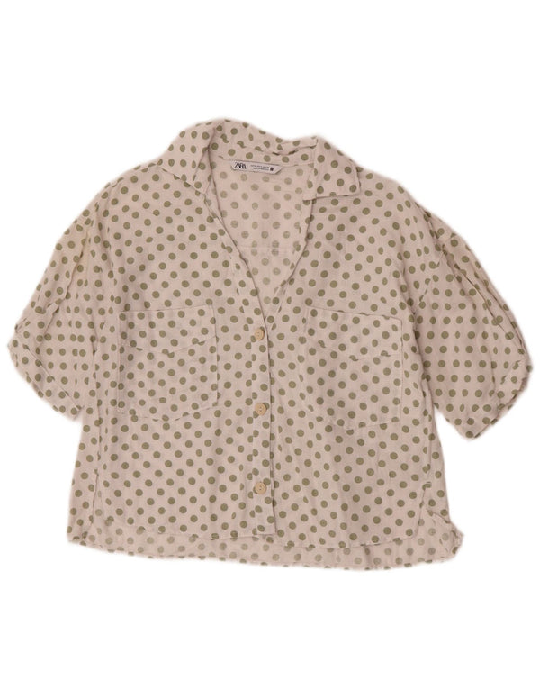 Zara Chemise à manches courtes pour femme UK 10 Petit lin blanc à pois