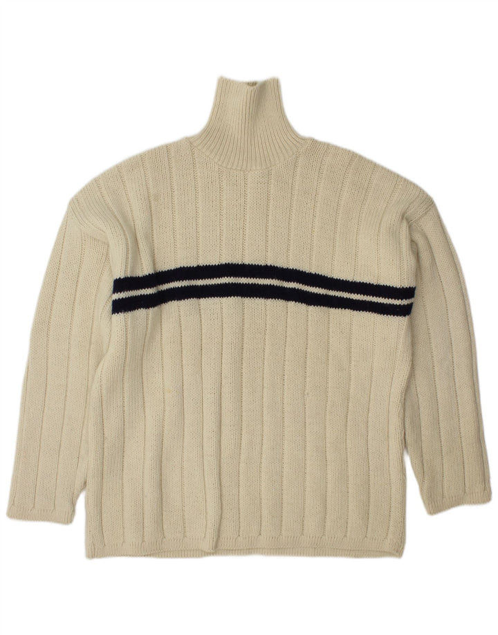 VINTAGE Homme Col Roulé Pull Pull Grande Laine Rayée Blanc Cassé