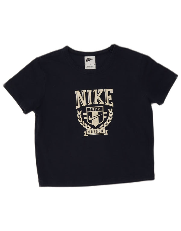 Nike Womens Crop Graphic T-Shirt Top UK 12 Bleu Marine Moyen Coton