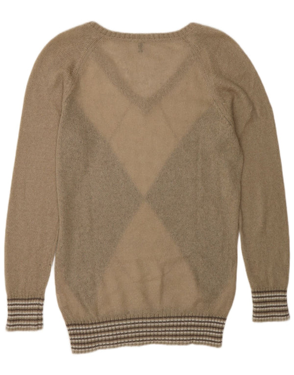 Benetton Pull col V pour femme UK 44 Beige moyen Argyle/Diamant