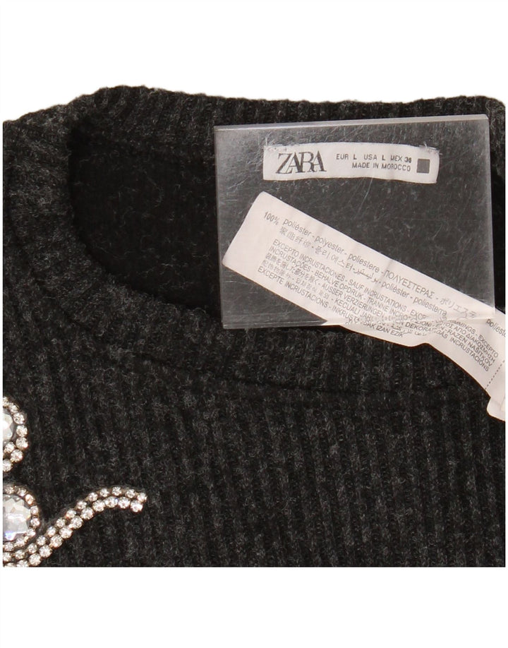 Zara Pull court surdimensionné à col rond pour femme UK 16 Large Gris