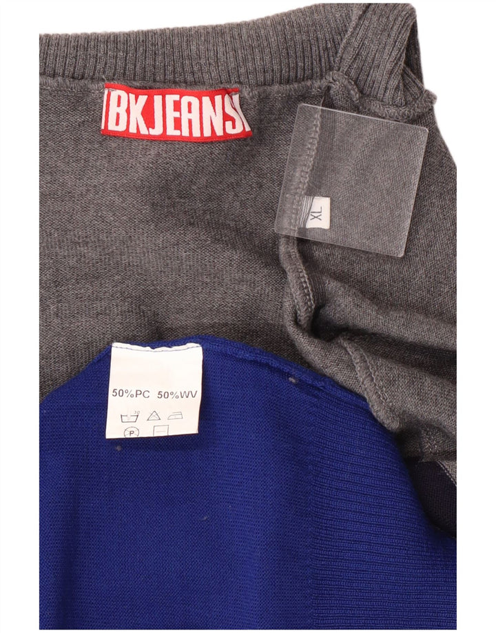 vintage Mens Roll Neck Jumper Pull XL Gris Colorblock Acrylique