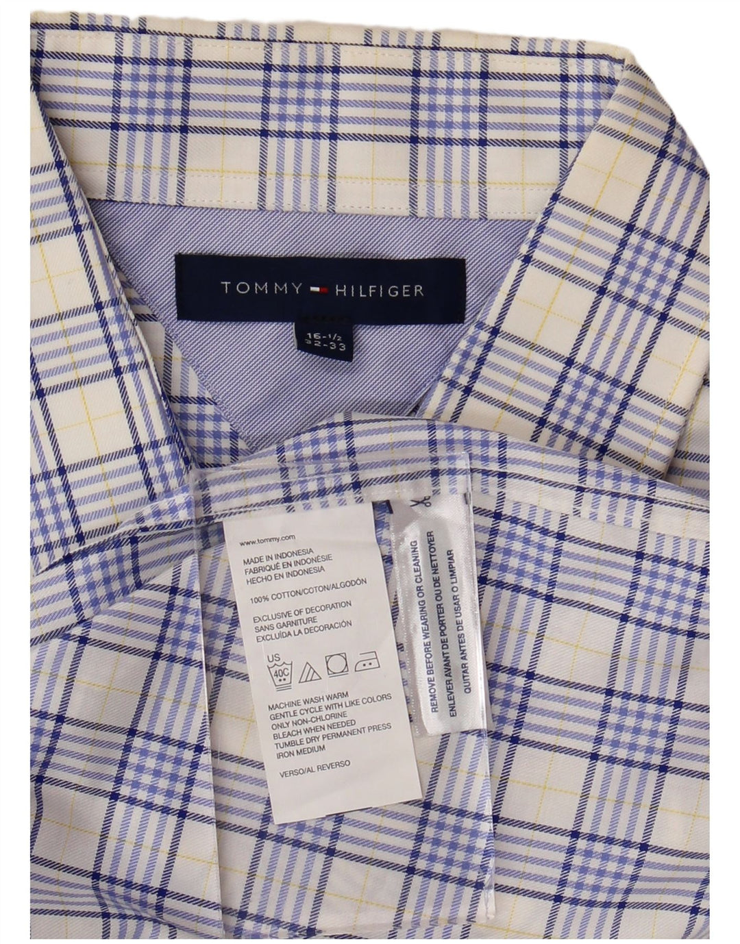 TOMMY HILFIGER Chemise Homme Taille 16 1/2 Grand Coton à Carreaux Bleu