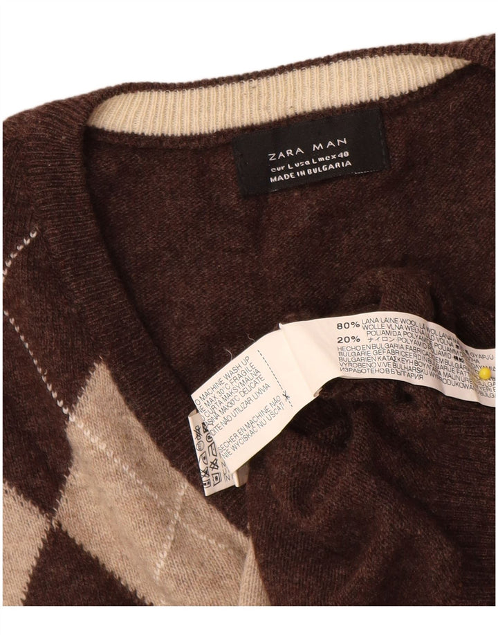 Zara Pull col V pour homme en laine marron à losanges/diamants