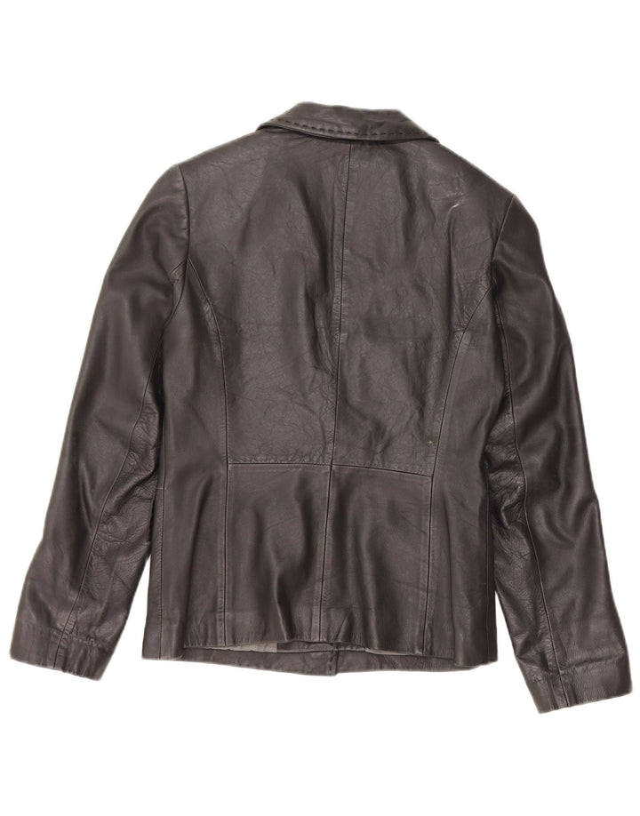 vintage Femmes 1 Bouton Veste Blazer En Cuir UK 12 Cuir Noir Moyen