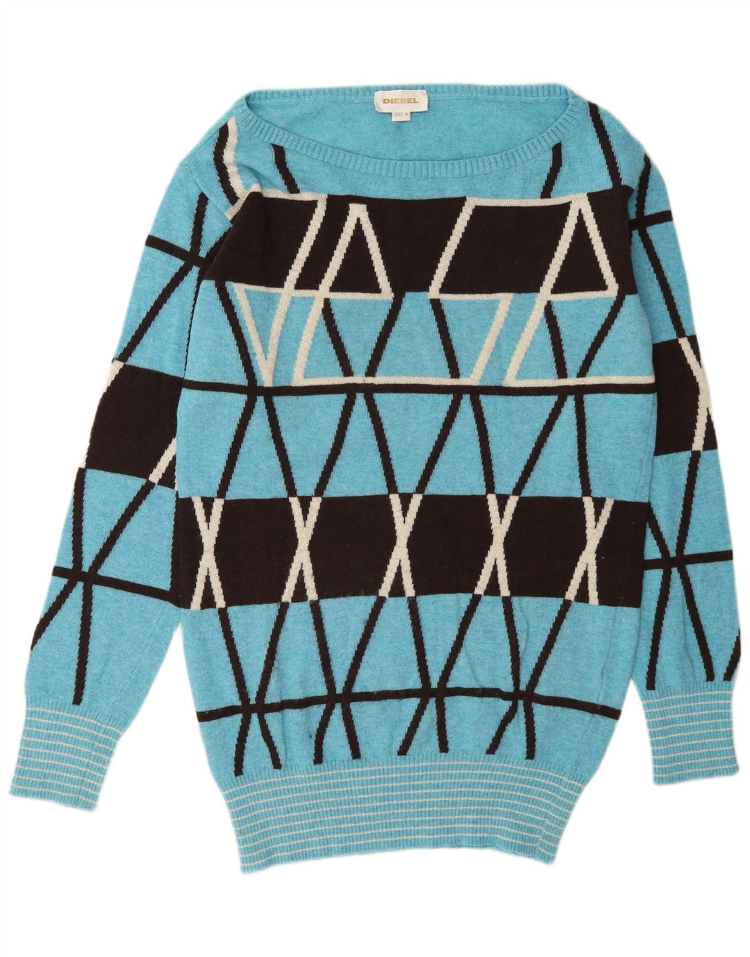 Diesel Pull col bateau pour femme UK 14 Laine géométrique bleu moyen