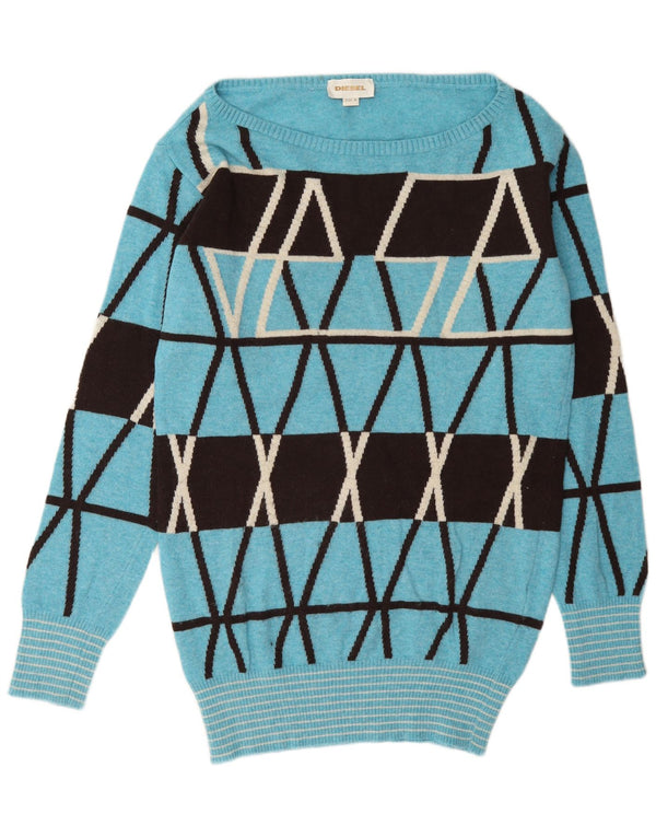 Diesel Pull col bateau pour femme UK 14 Laine géométrique bleu moyen
