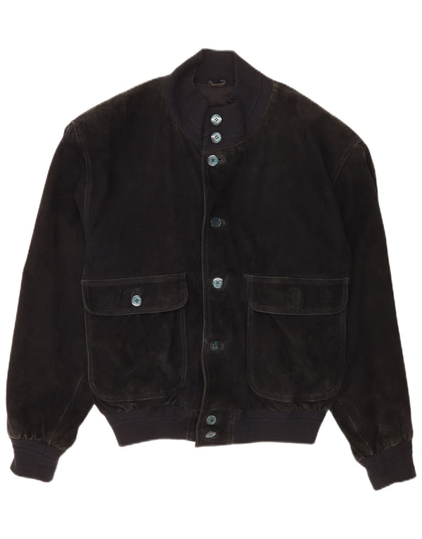 vintage Mens Suede Bomber Jacket IT 48 Cuir Noir Moyen
