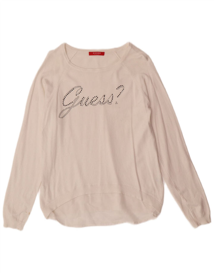 Guess Pull graphique à col bateau pour femme UK 10 Petit Blanc