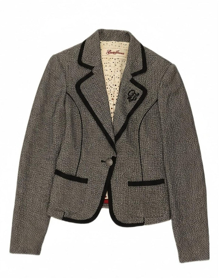 GUESS Womens 1 Button Blazer Jacket UK 12 Medium Black Geometric Cotton