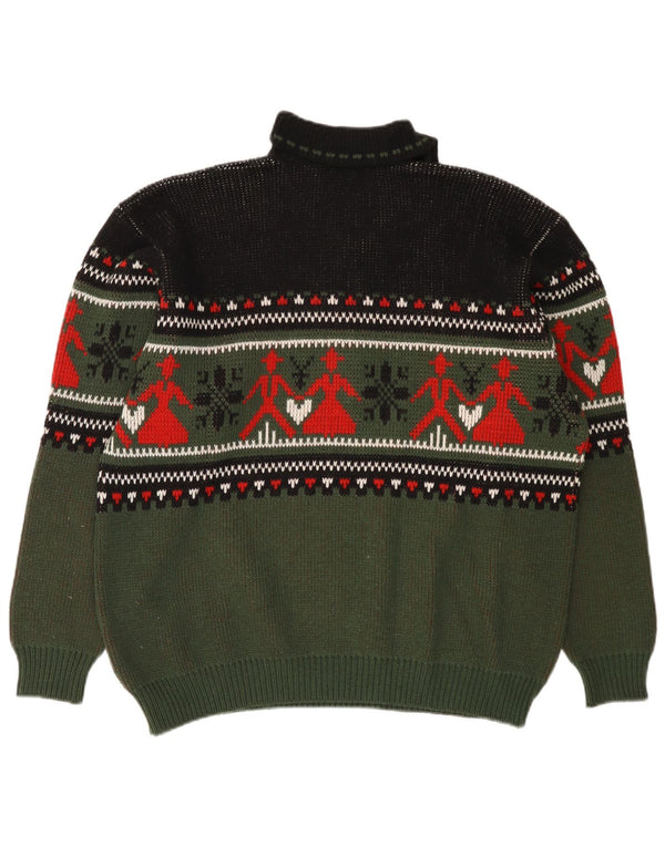 vintage Mens Polo Neck Jumper Pull Moyen Kaki Fair Isle Acrylique