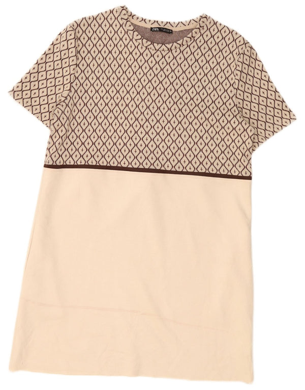 Zara Robe droite pour femme UK 46 Large Beige Géométrique Polyester
