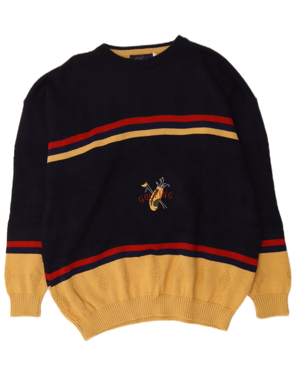 vintage Mens Graphic Crew Neck Jumper Pull XL Bleu Marine Colorblock