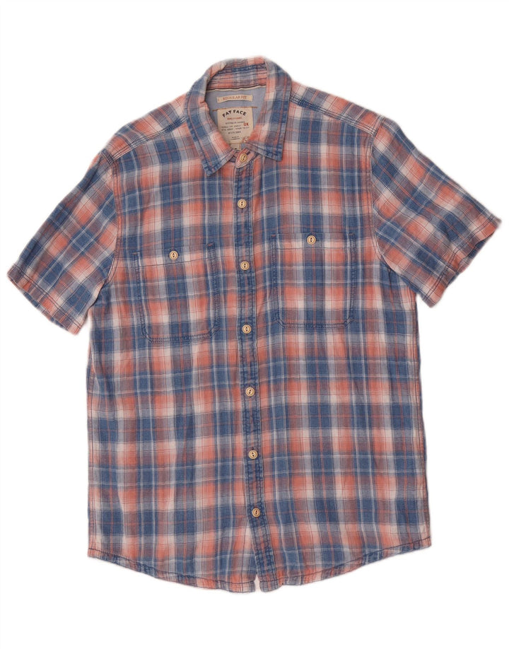 Fat Face Chemise à manches courtes pour homme Coupe régulière Petit coton à carreaux bleu