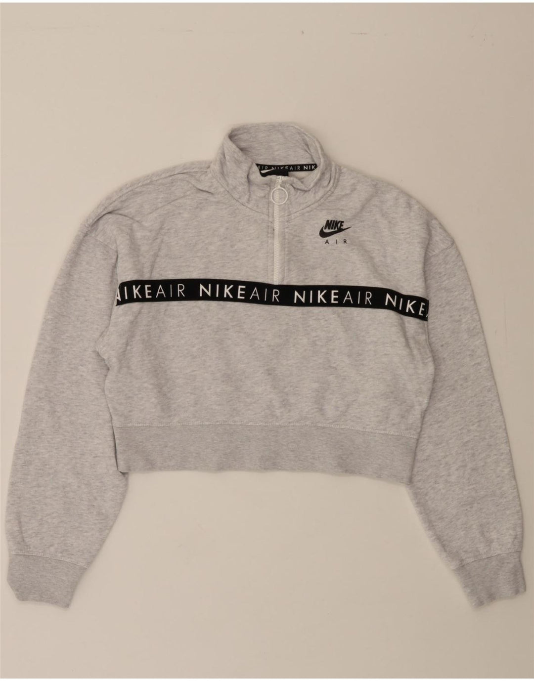 NIKE Womens Graphic Zip Neck Sweatshirt Jumper UK 14 Medium Grey Vintage Nike and Second-Hand Nike from Messina Hembry 