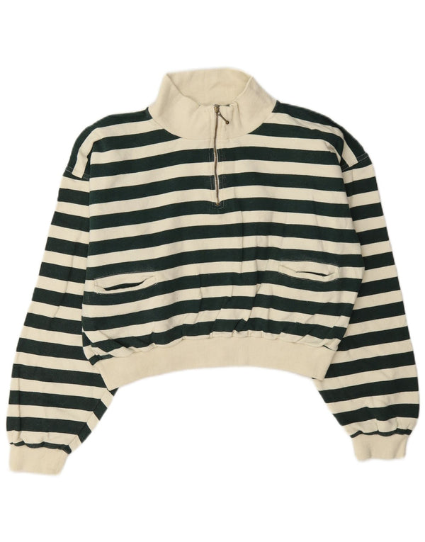 vintage Womens Crop Zip Neck Sweatshirt Jumper UK 12 Moyen Vert Rayé