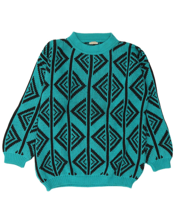 vintage Mens Turtle Neck Jumper Pull Grande Laine Géométrique Turquoise
