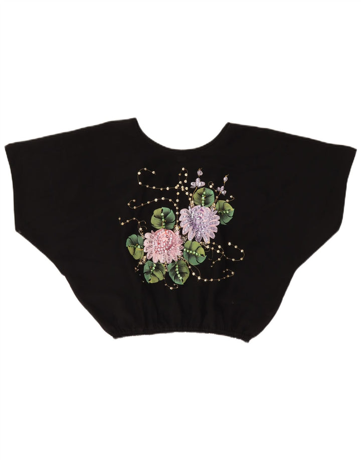 VINTAGE Femmes Crop Batwing Blouse Top UK 18 XL Noir Floral Polyester