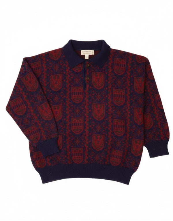 vintage Mens Polo Neck Jumper Pull Petit Bleu Marine Fair Isle