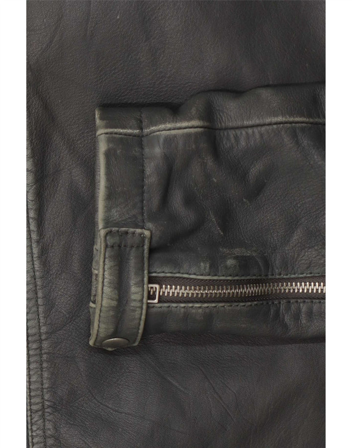 All Saints Veste de motard en cuir pour femme UK 12 Gris moyen