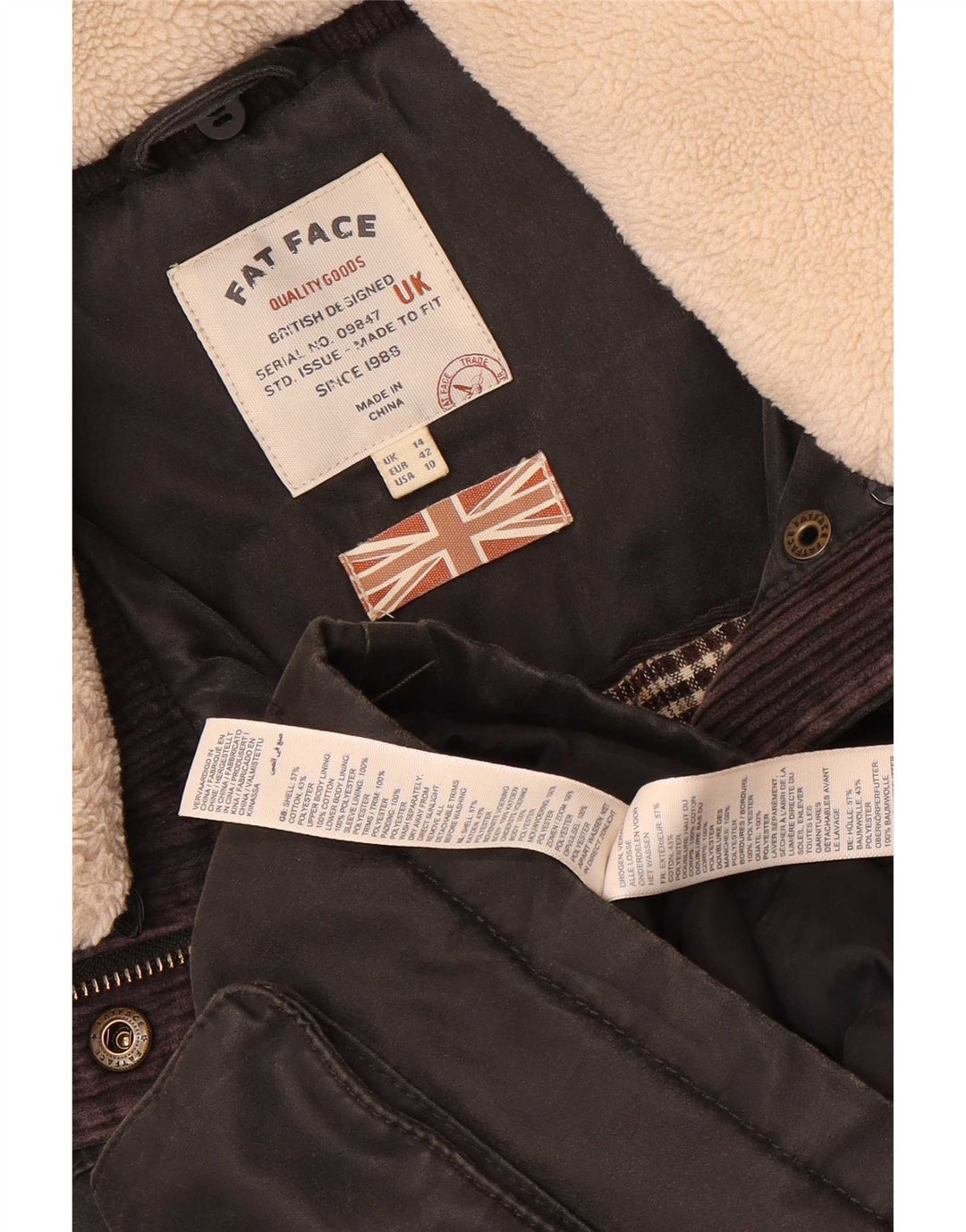 Fat Face Parka à capuche pour femme UK 12 en coton noir moyen
