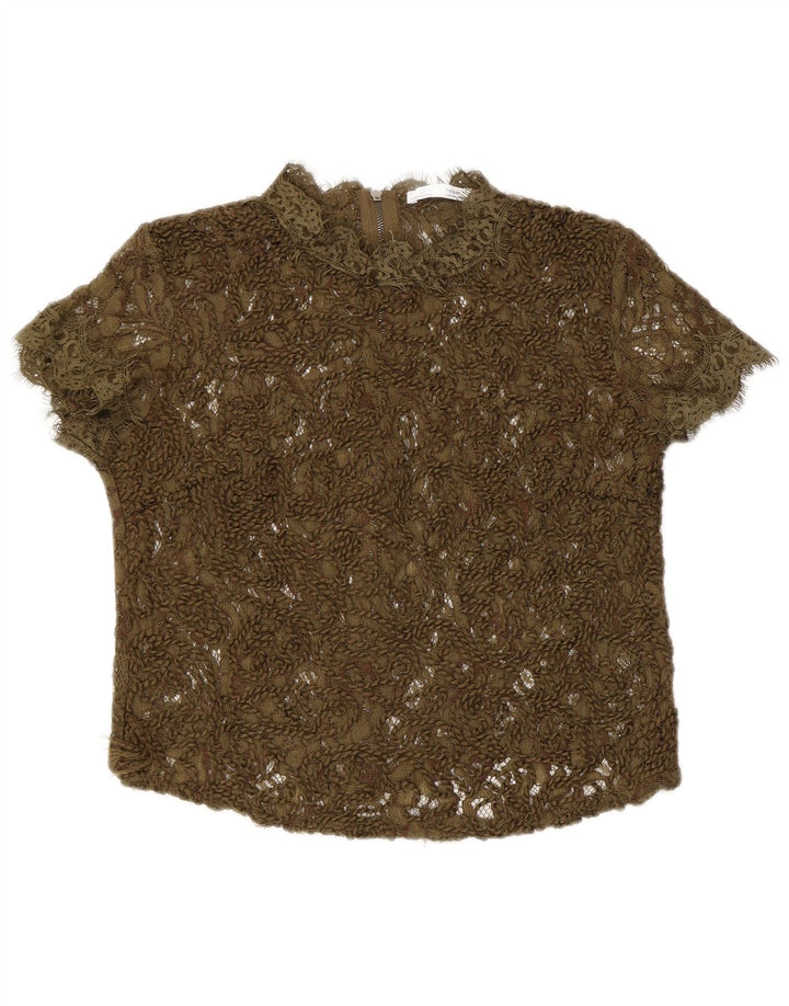Zara Womens Lace See Through Blouse Top UK 8 Petit Kaki