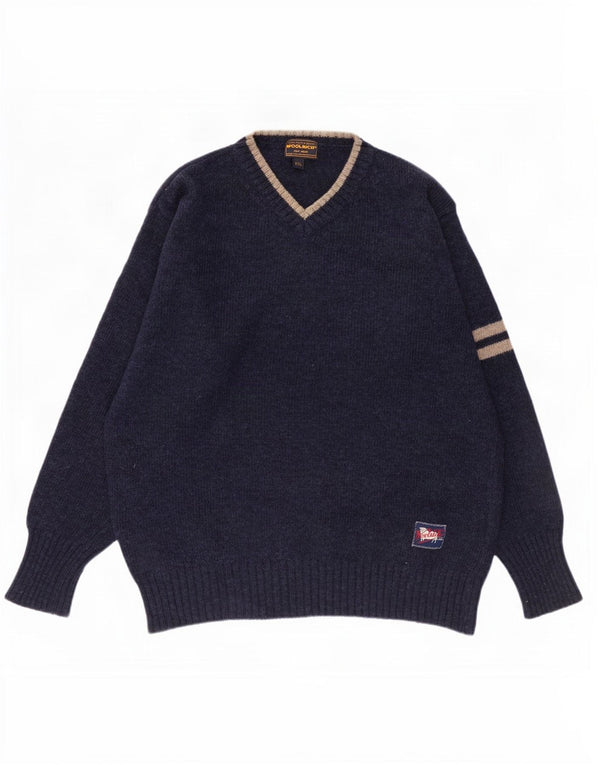 Woolrich Pull col V pour homme 2XL en laine rayée bleu marine