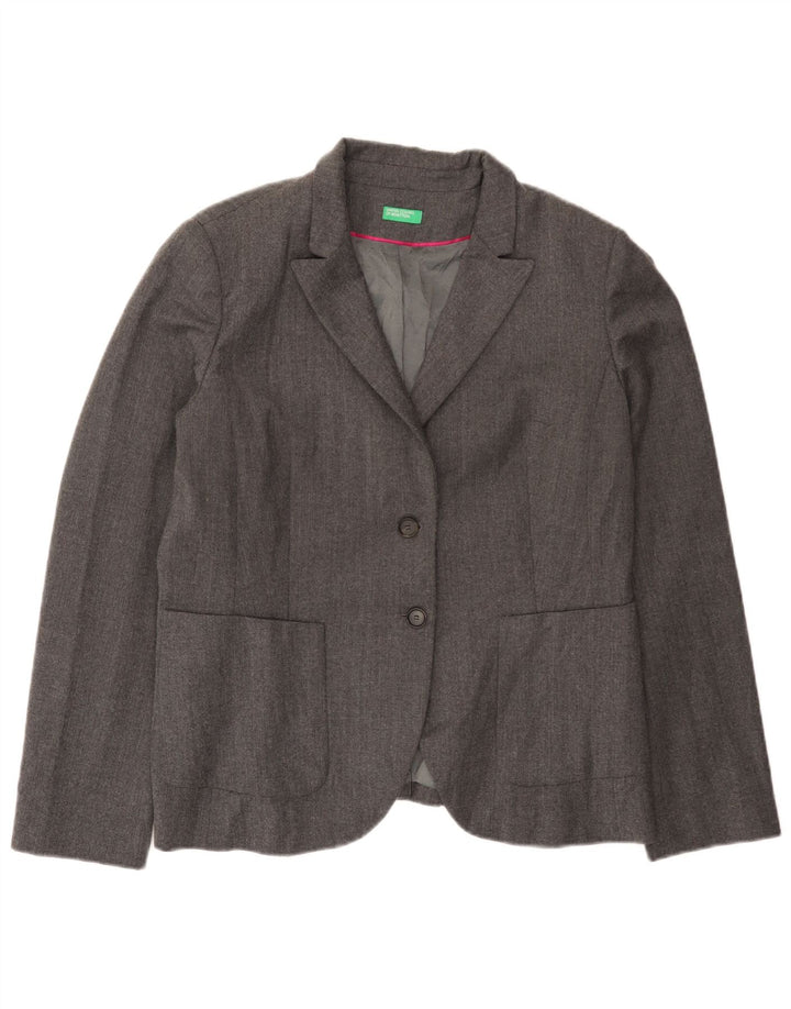 Benetton Veste Blazer 2 Boutons Femme UK 16 Grande Laine Grise
