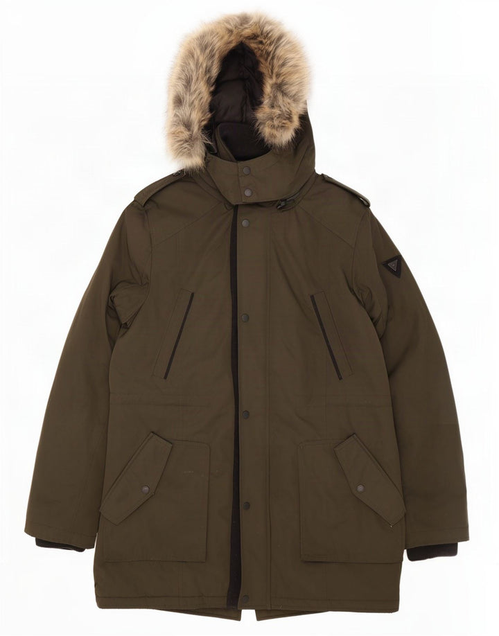 Guess Parka militaire à capuche pour homme UK 40 Large Kaki Polyester