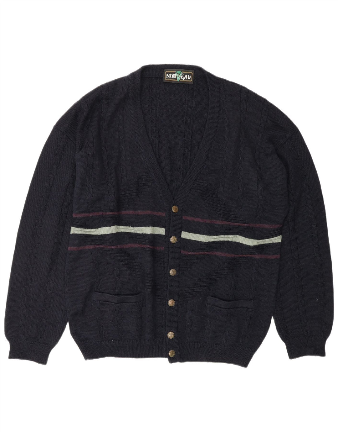 NOUVEAU Cardigan Homme Pull XL Bleu Marine Rayé Laine