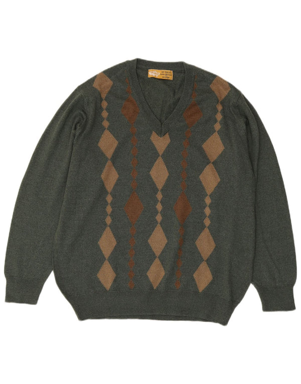 Vintage Womens V-Neck Jumper Sweater XL Khaki Argyle/Diamond Merino Wool