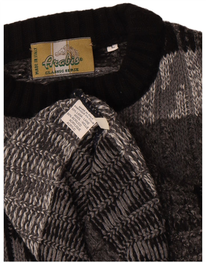 vintage Mens Crew Neck Jumper Pull Grande Gris Chevron Laine