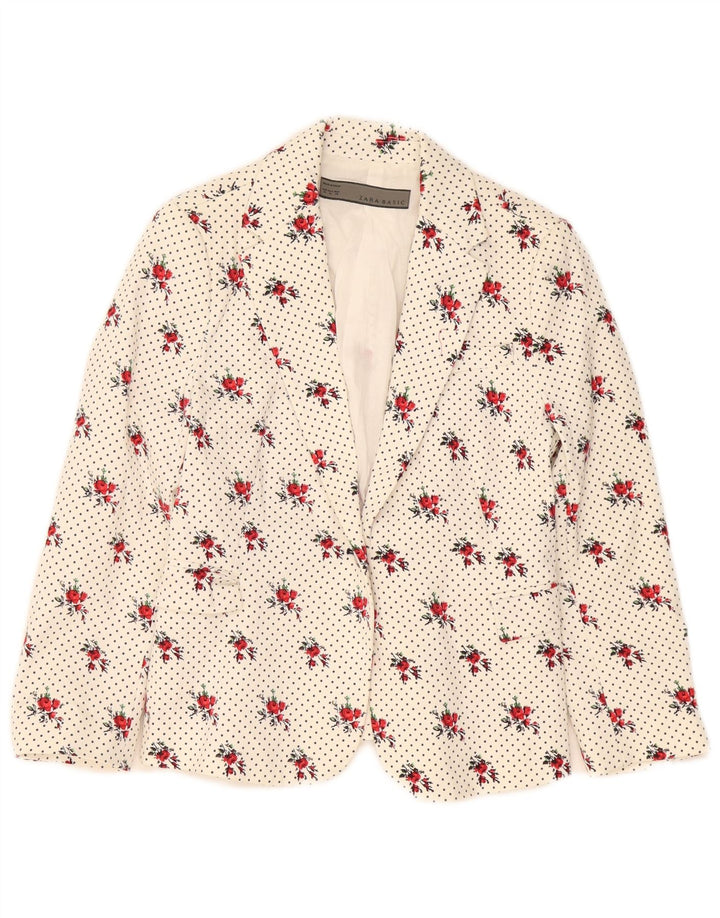 Zara Womens 1 Button Blazer Jacket UK 12 Moyen Blanc Floral Coton