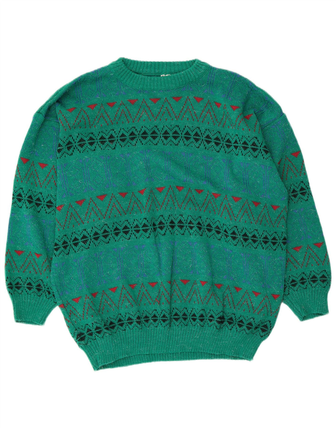 vintage Mens Crew Neck Jumper Pull Moyen Vert Géométrique Acrylique