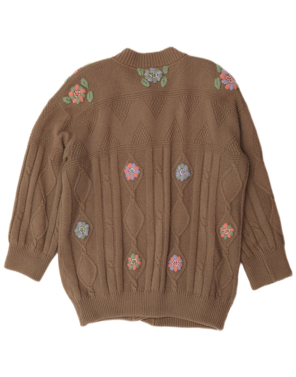 Vintage Womens Cardigan Sweater UK 20 2XL Beige Floral Wool