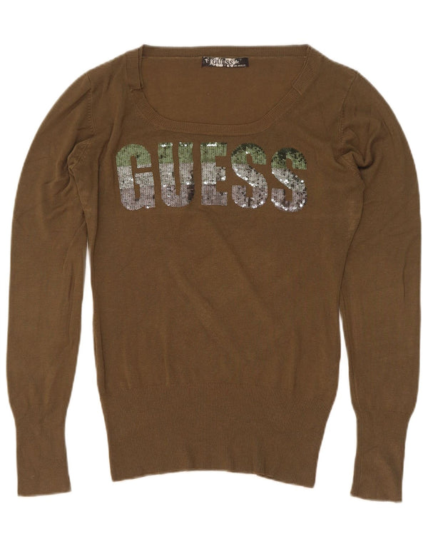 Guess Pull graphique à col bateau pour femme UK 14 Large Kaki Viscose