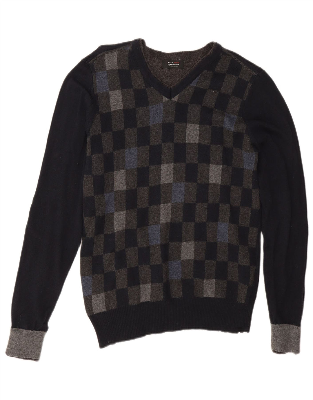 Zara Pull Col V Homme Noir Moyen Coton Géométrique