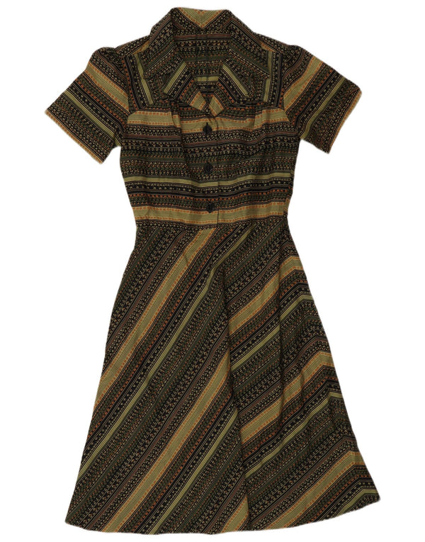 vintage Femmes Manches Courtes Robe Chemise UK 12 Moyen Vert Rayé Rétro