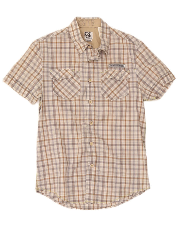 Energie Chemise à Manches Courtes Homme Petit Carreau Beige Coton