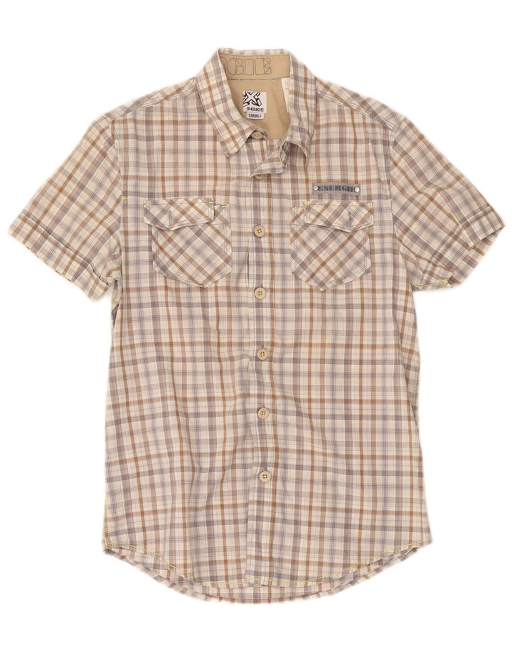 Energie Chemise à Manches Courtes Homme Petit Carreau Beige Coton