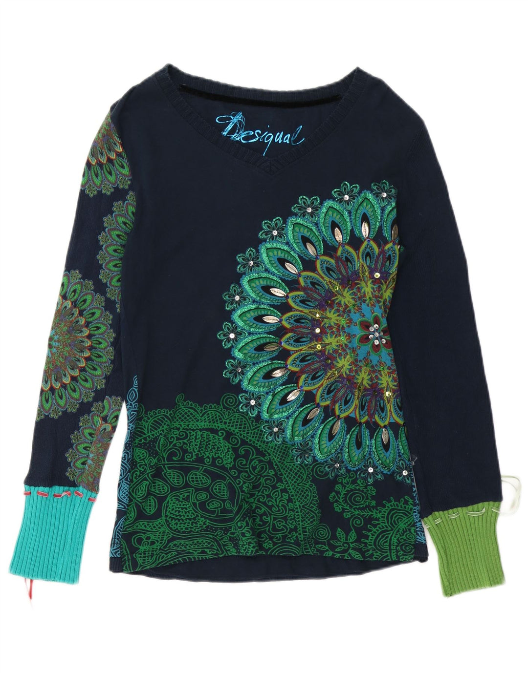 DESIGUAL Haut graphique à manches longues pour femme UK 14 Large Bleu marine Floral