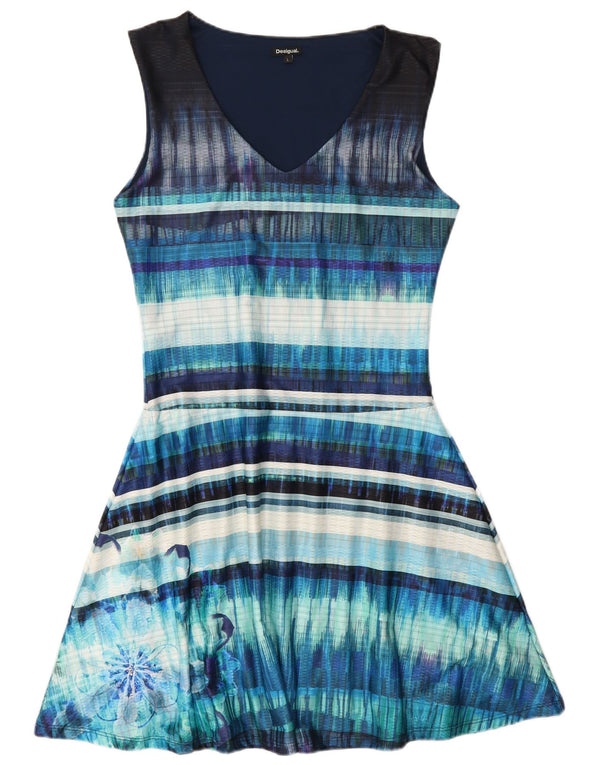 Desigual Robe trapèze sans manches pour femme UK 44 Large Bleu Rayé Polyester