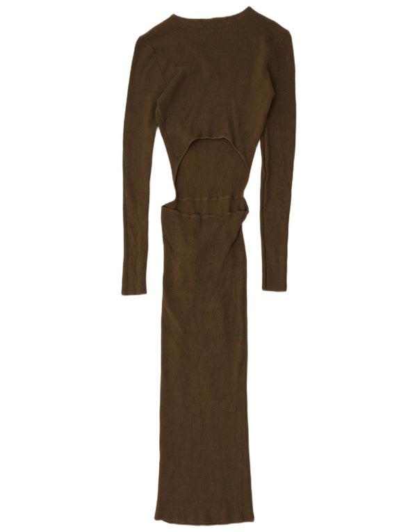 Zara Robe longue moulante à manches longues pour femme UK 8 Small Kaki Viscose