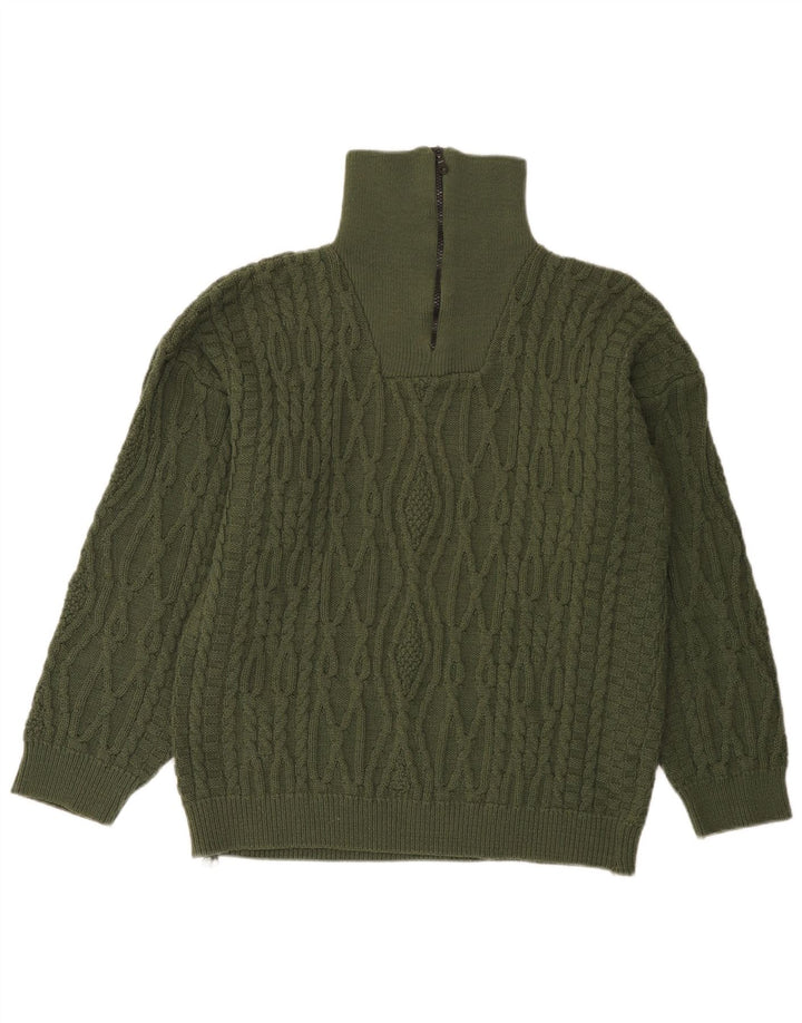 vintage Homme Zip Neck Jumper Pull Vert Moyen